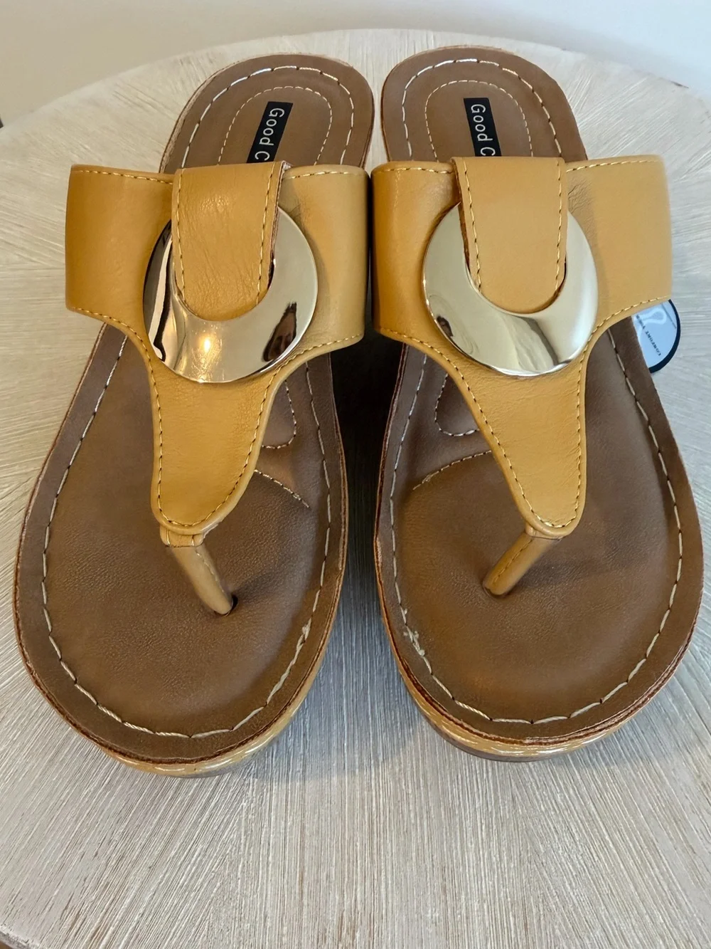 200. Good Choice Mustard Yellow Wedge Thong Sandals with Decorative Accent